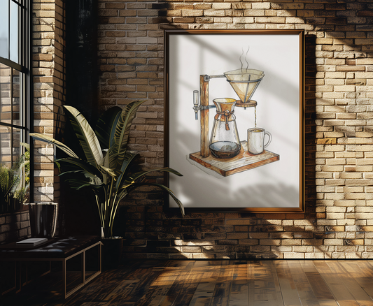 Minimalistisches Poster einer Kaffeemaschine im Aquarellstil