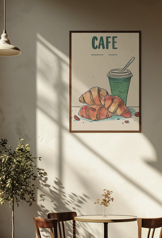 Kaffee und Croissant Poster, ästhetischer Druck für die Küche